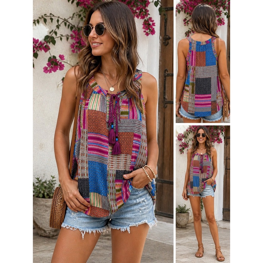 Boho Patchwork Festival Tank Top Women L Sleeveless Tribal Aztec Tassel Blouse